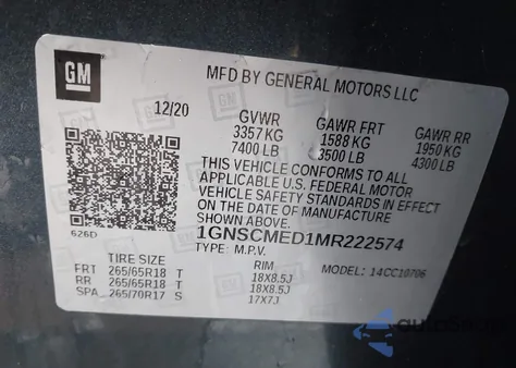 2021 Chevrolet Tahoe 2Wd Ls z USA, uszkodzony, nr VIN 1GNSCMED1MR222574